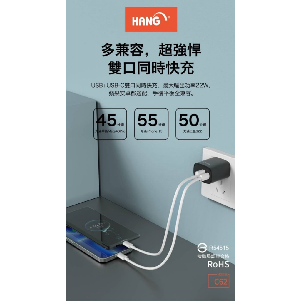 tw 11134207 7qul8 lgowhhox7tpo60 複製 【HANG C62 PD+QC雙孔快充頭】22W充電器+Type C快充線