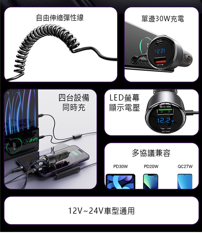 自帶蘋果TC彈簧充電線60W車充 3 自帶Lightning+Type c彈簧充電線60W車充