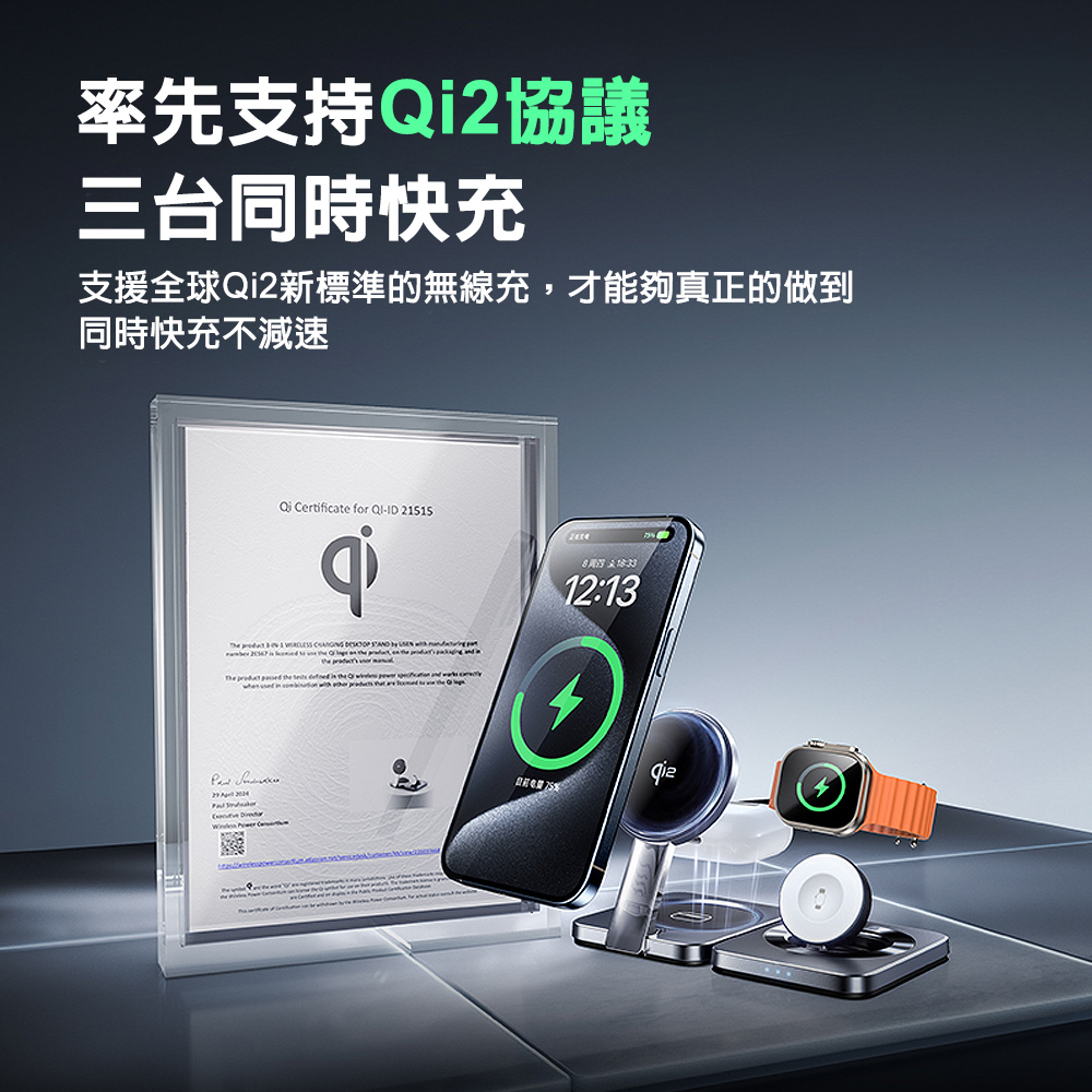 2 1 【LISEN】 三合一折疊磁吸無線充電座 角度可調節 iPhone/Watch/Airpods