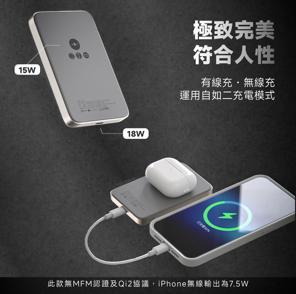 4 KooPin 石墨烯銅導散熱15W磁吸三用快充行動電源