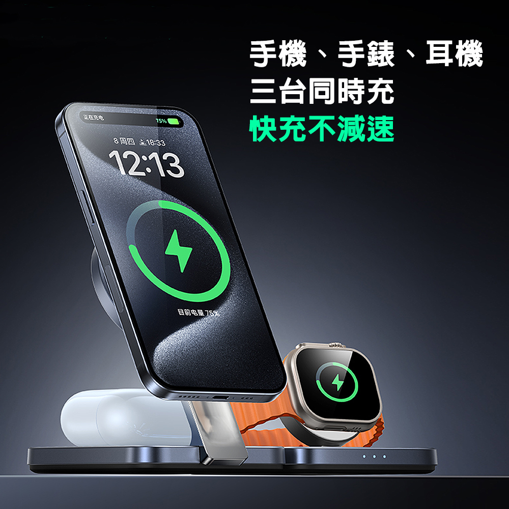 7 1 【LISEN】 三合一折疊磁吸無線充電座 角度可調節 iPhone/Watch/Airpods