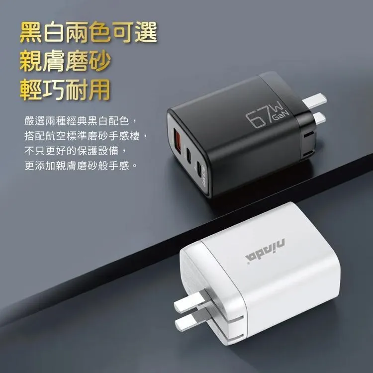 %name 【NISDA】DQ 670 氮化鎵GaN PD+QC3.0 67W 三孔旅充頭