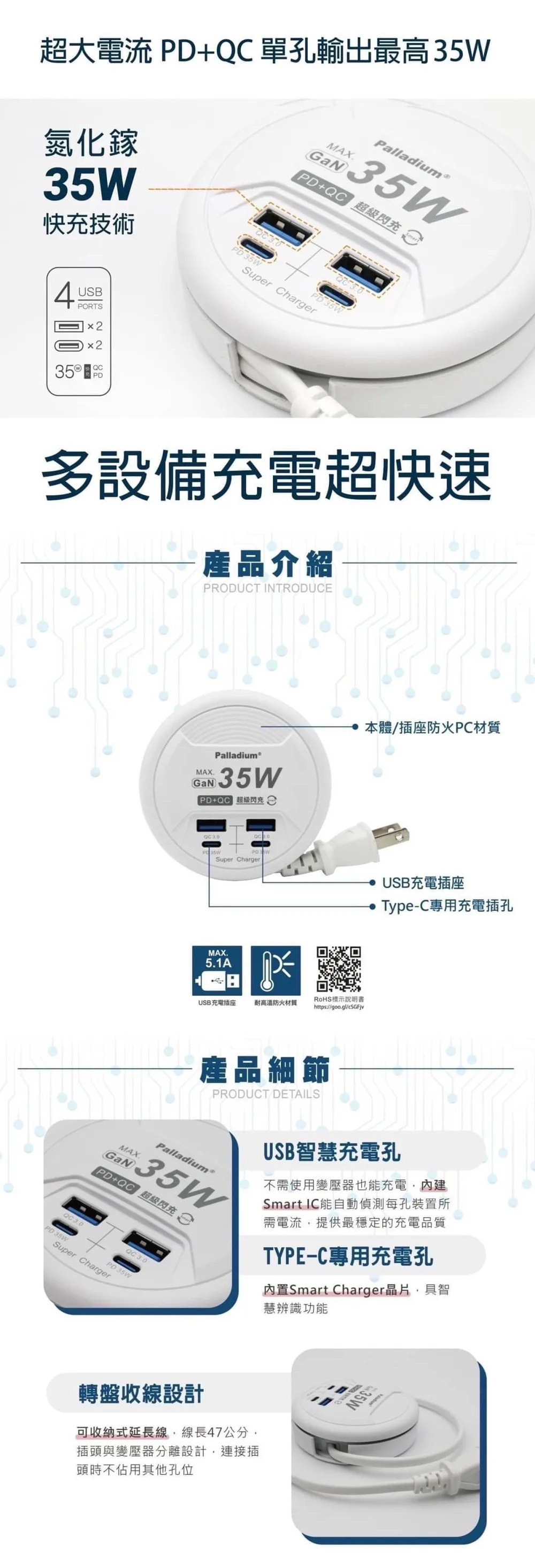 35W PD+QC GaN快充器 GAN 氮化鎵收納式延長線充電器