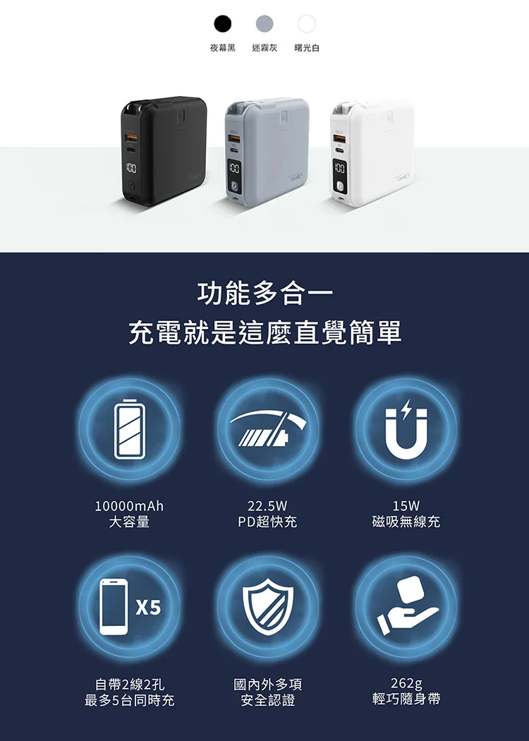 LaPO 10000mAh 二代多功能無線充行動電源 ★雙口輸出+磁吸無線充電★ 自帶線行動電源