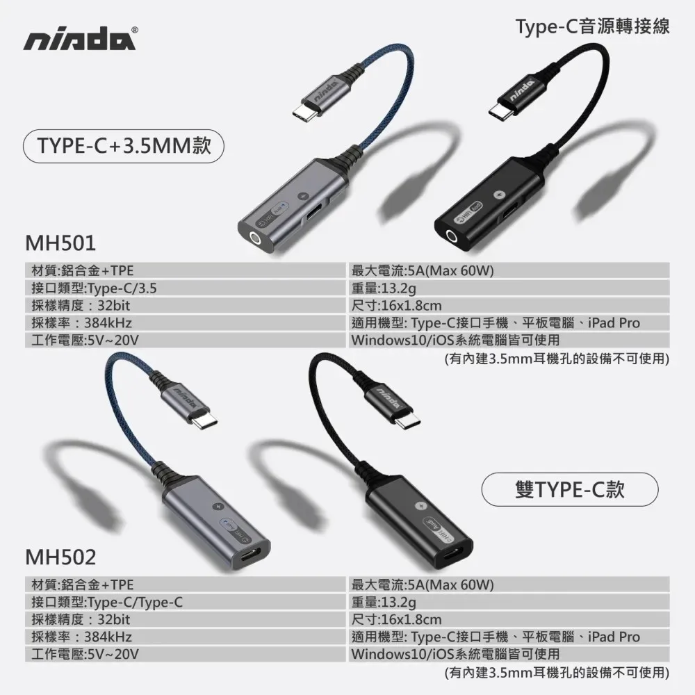 【NISDA】MH501/MH502 Type-C轉3.5mm/Type-C轉Type-C DAC充電二合一音源轉接線（圖 9）