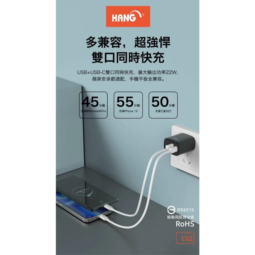 【HANG C62 PD+QC雙孔快充頭】22W充電器+Type-C快充線（圖 6）