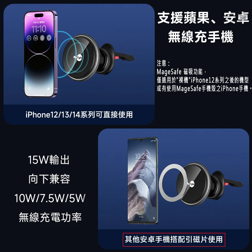 Mystyle Magsafe車載磁吸充電支架 15W無線充電+可伸縮出風口手機架（圖 5）