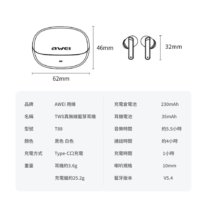 AWEI T88 TWS真無線藍牙耳機 運動耳機 入耳式 (IPX6防水｜低延遲｜續航力好)（圖 9）